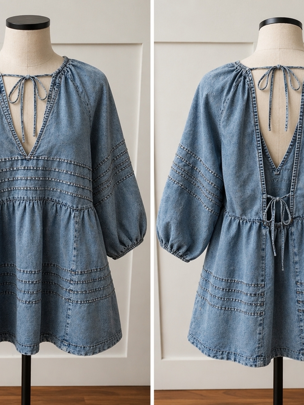 Free People Light Wash Denim Peasant Top Or Mini Dress